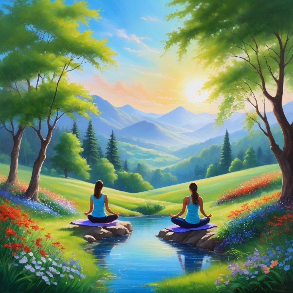 A serene landscape with lush green hills and blooming flowers under a bright blue sky, symbolizing happiness and well-being. Include a diverse group of people practicing yoga and meditation together, radiating joy and tranquility. Soft, warm sunlight filtering through the trees to enhance the feeling of peace. Incorporate gentle flowing water in the background, representing life's flow. painting. vibrant colors.