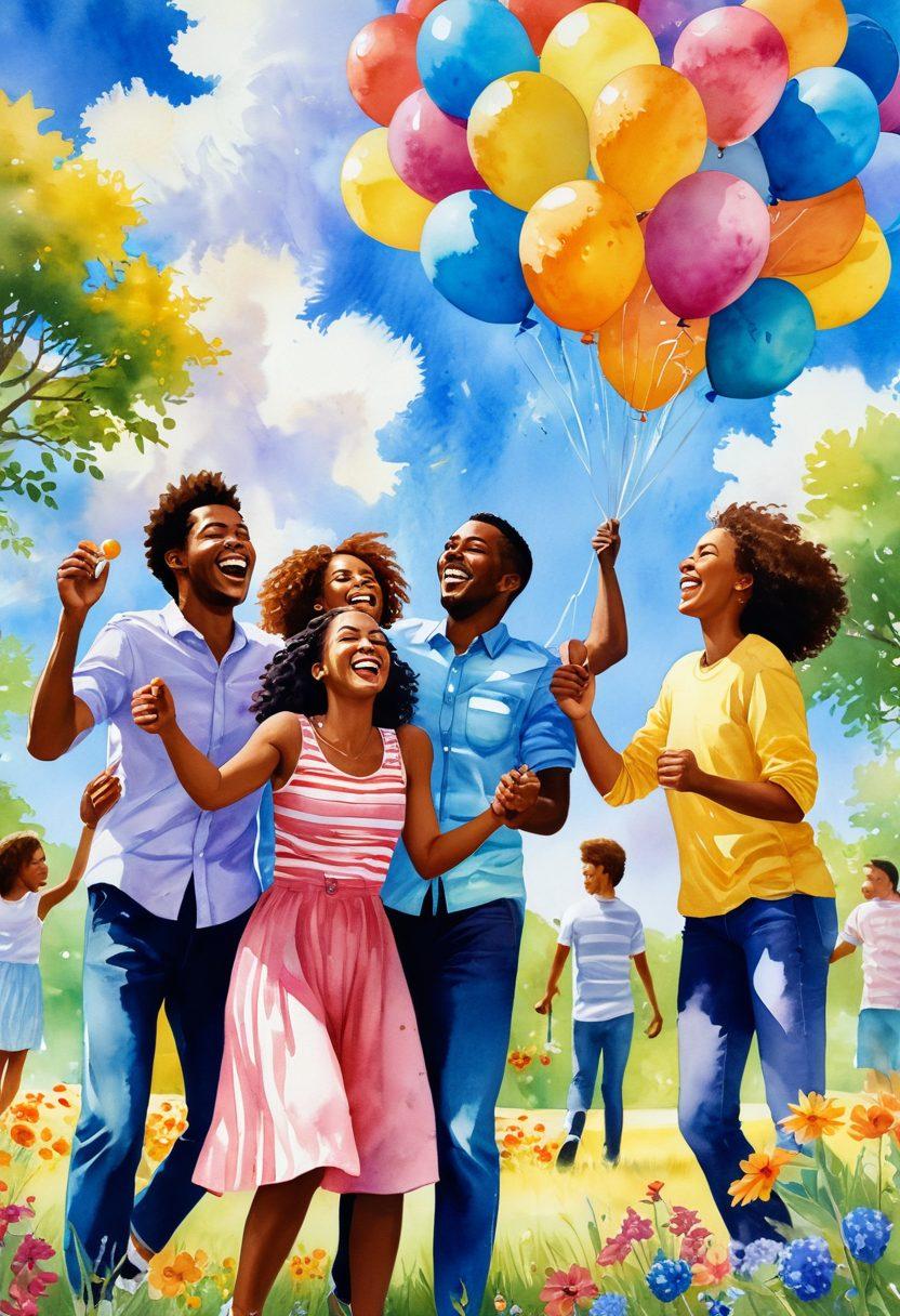 A vibrant scene depicting a diverse group of people joyfully laughing and embracing each other in a sun-kissed park filled with colorful flowers and balloons. The background features a bright blue sky with fluffy white clouds, symbolizing positivity and bliss. The overall atmosphere radiates warmth, happiness, and connection. watercolor painting style. bright colors. lively and uplifting.
