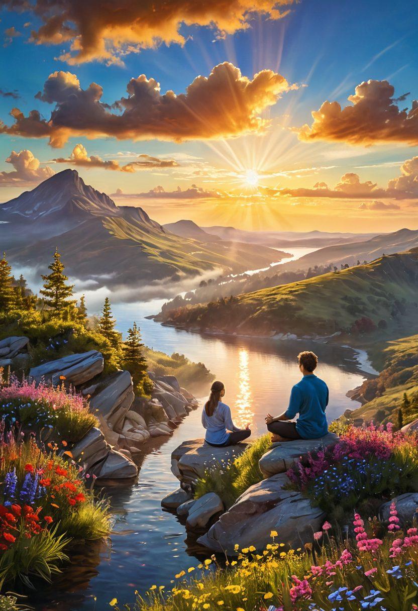 A serene landscape depicting a person meditating on a vibrant hilltop at sunrise, surrounded by colorful wildflowers and tranquil nature. Above, a sky filled with soft clouds and rays of sunshine breaking through, symbolizing positivity and hope. Soft, warm colors dominate the scene, with gentle flowing water nearby. super-realistic. vibrant colors. calming atmosphere.